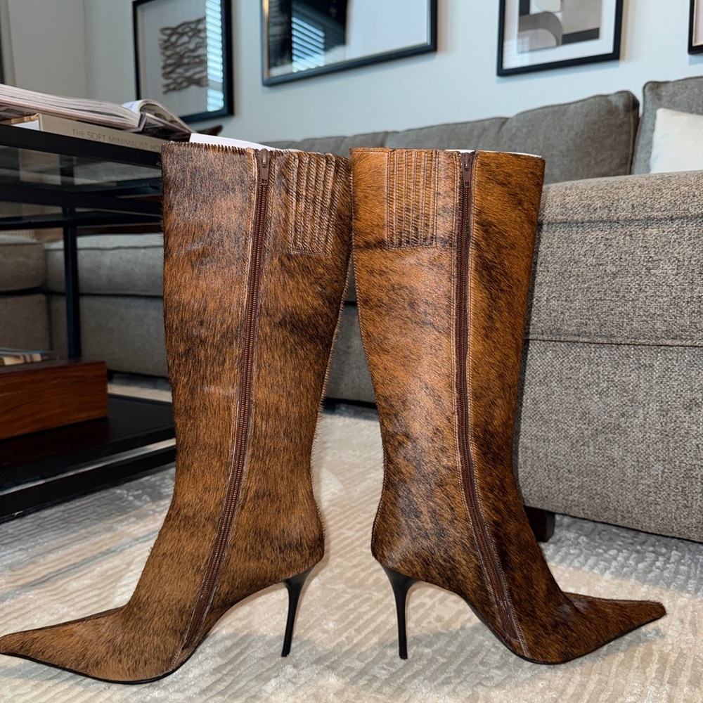 New Jeffrey Campbell Brown Fur-Patterned Heeled Boots